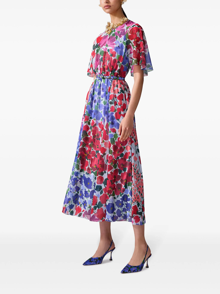 Đầm midi cổ tròn tay ngắn xếp ly