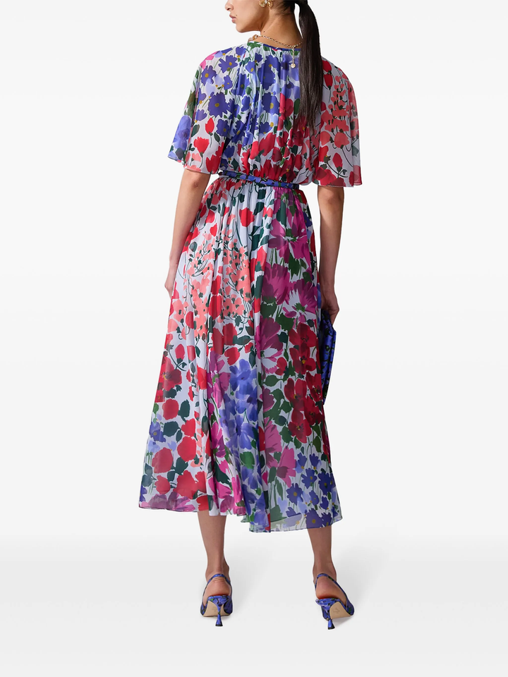 Đầm midi cổ tròn tay ngắn xếp ly