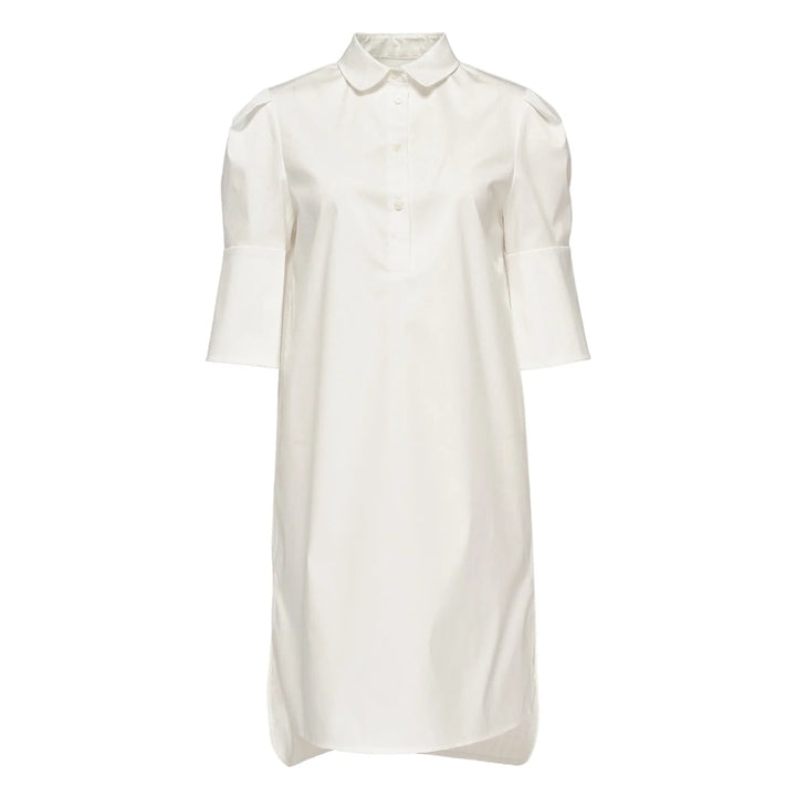 Đầm tay áo bo cổ bằng vải cotton poly bóng mượt