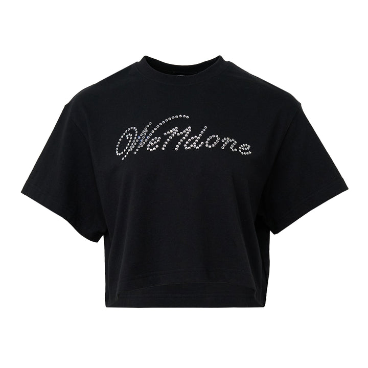 Áo thun ngắn tay đính đá cho nữ màu đen