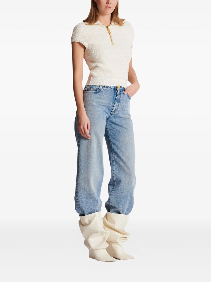 Áo thun ngắn tay dệt tweed có khóa kéo