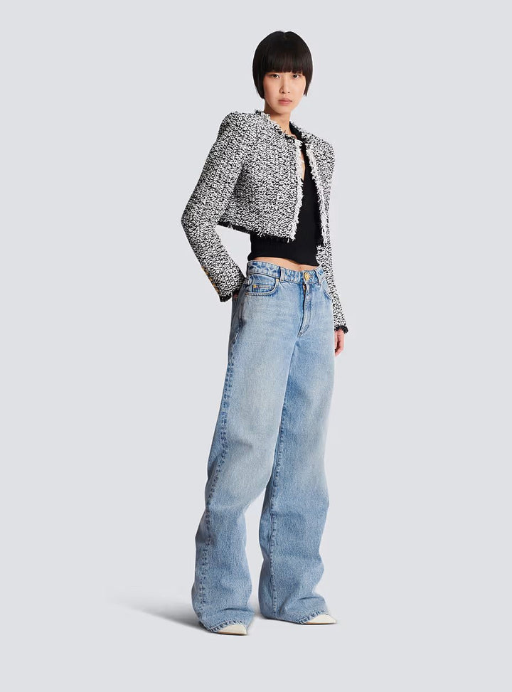 Áo khoác tweed cắt ngắn kiểu bên này bên kia