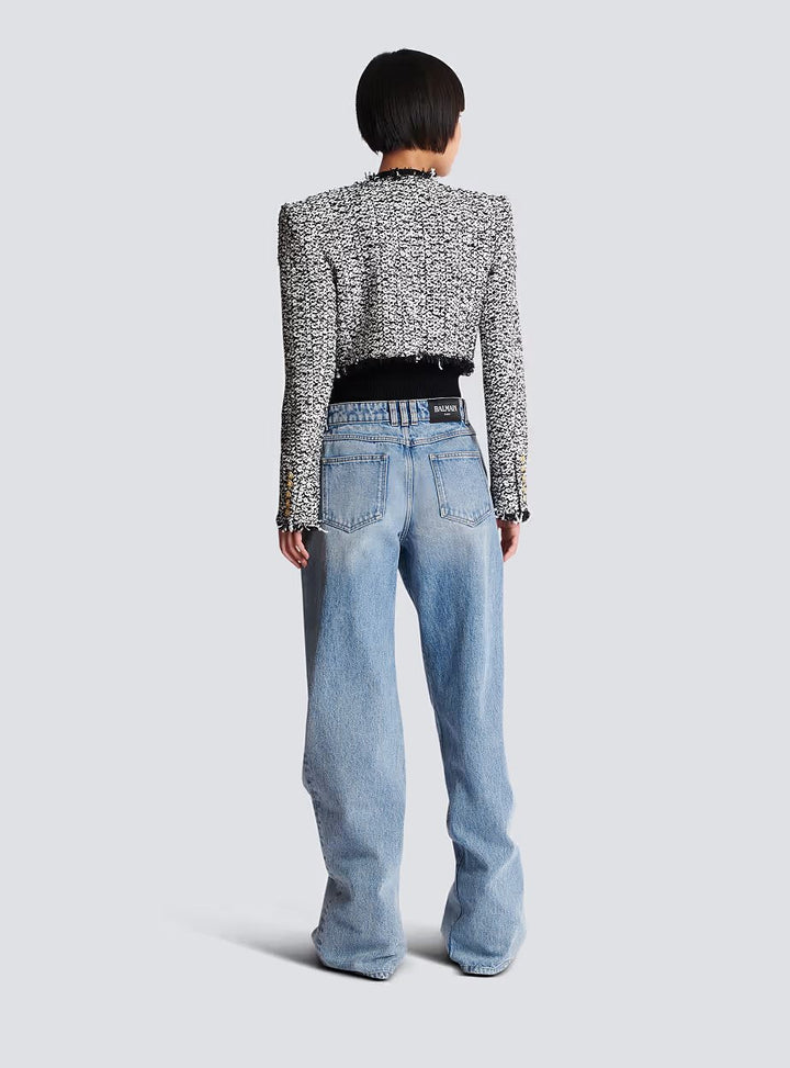 Áo khoác tweed cắt ngắn kiểu bên này bên kia