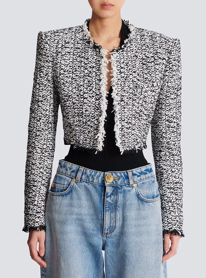 Áo khoác tweed cắt ngắn kiểu bên này bên kia