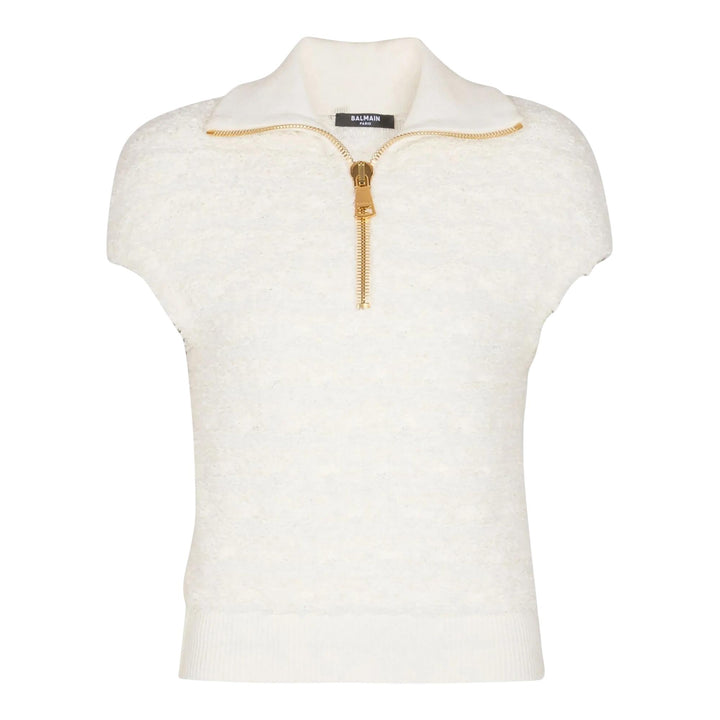 Club21 - Balmain - Zipped Short Sleeve Knit Tweed Top - KNIT TOPS - Off-White