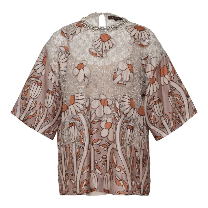 Club21 - Biyan - Beaded Mix Lace And Twill Silk Top - WOVEN TOPS - Beige