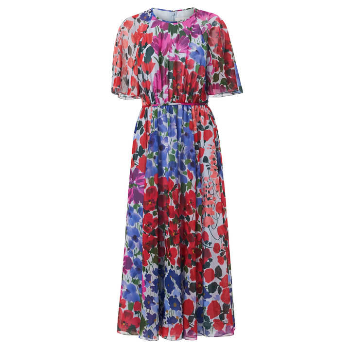 Carolina_Herrera_Short_Sleeve_Gathered_Crewneck_Midi_Dress_Multi