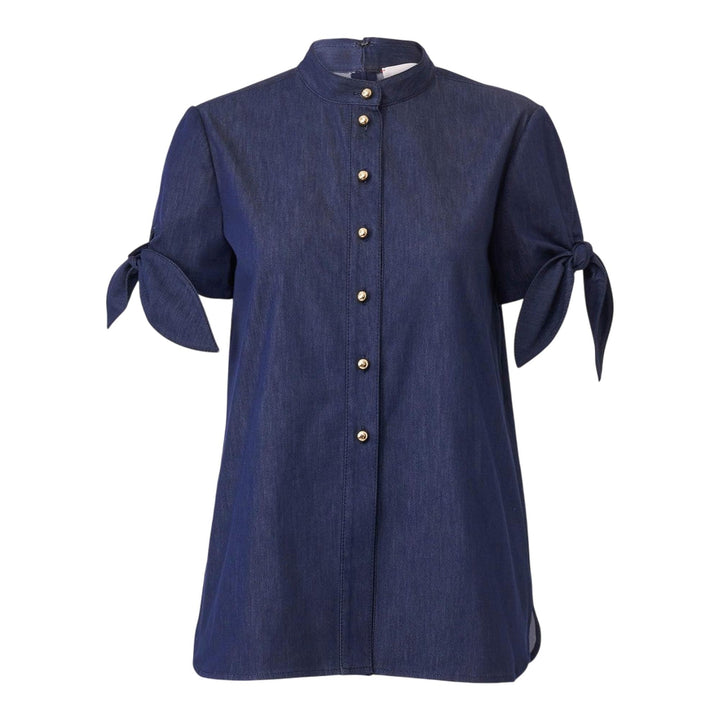 Club21 - Carolina Herrera - Tie Sleeve Collarless Button Down Top - WOVEN TOPS - Navy
