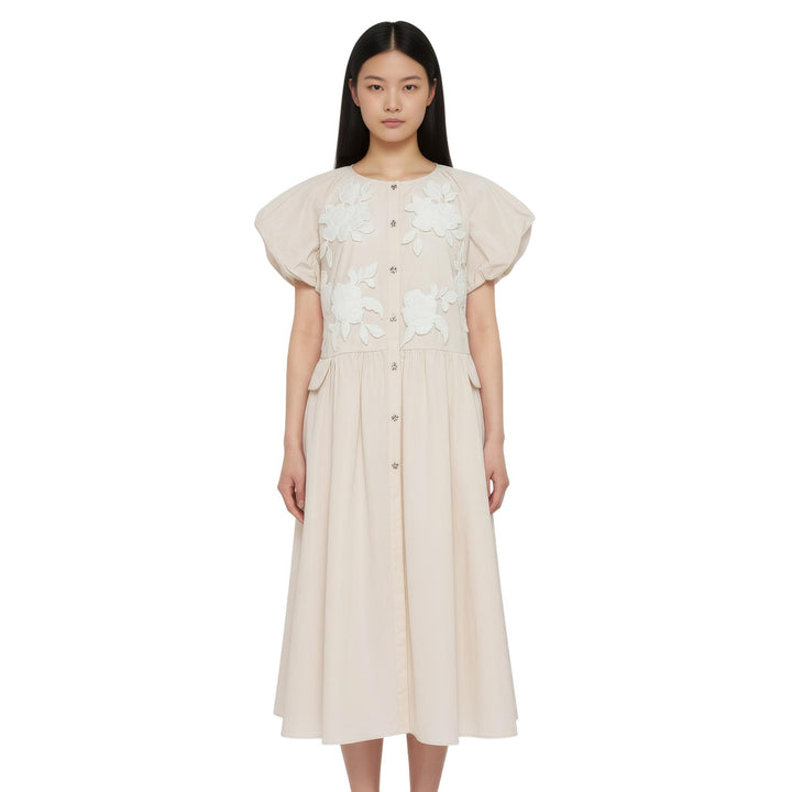 Club21 - Caroline Hu - White Floral Quilted Midi Dress - WOVEN DRESSES - White
