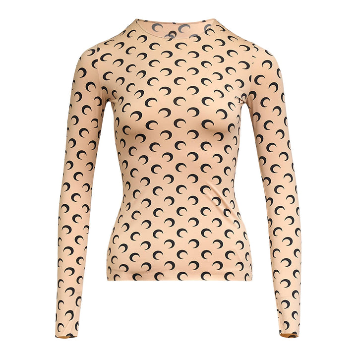 Club21 - Marine Serre - Moon Printed Jersey Second Skin Crewneck Top - TEES - Beige