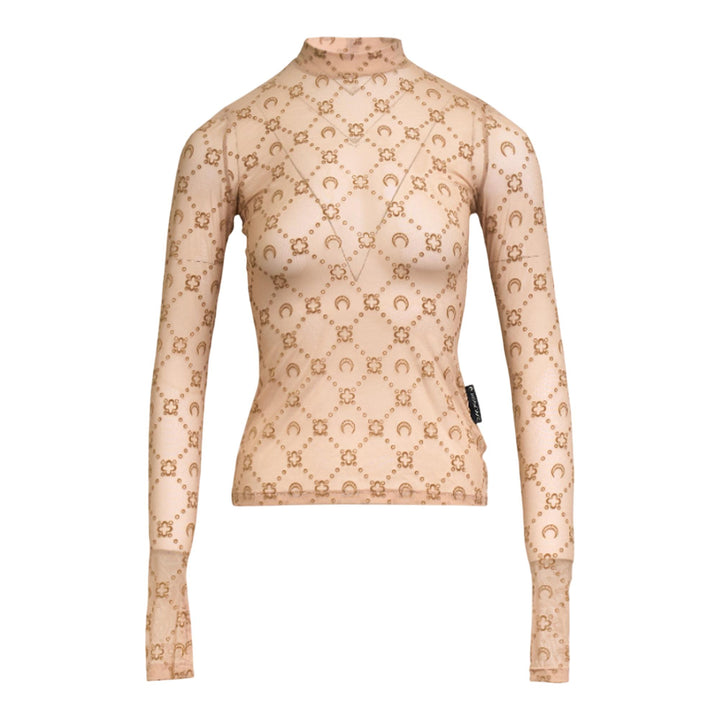 Club21 - Marine Serre - Moonogram Mesh Flock  Highneck Top - LOGO TEES - Beige