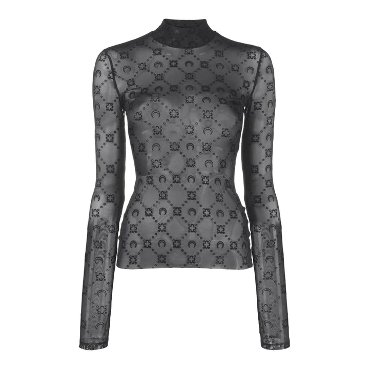 Club21 - Marine Serre - Recycled Mesh Flock Highneck Top - LOGO TEES - Black