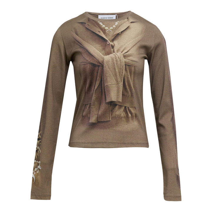 Club21 - Marine Serre - Trompe-L'Oeil Knit Jersey Long Sleeve Tee - TEES - Beige