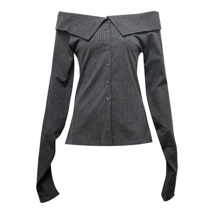 Club21 - NACHE - Striped Off Shoulder Shirt Charcoal - KNIT TOPS - Grey