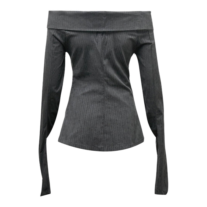 Club21 - NACHE - Striped Off Shoulder Shirt Charcoal - KNIT TOPS - Grey