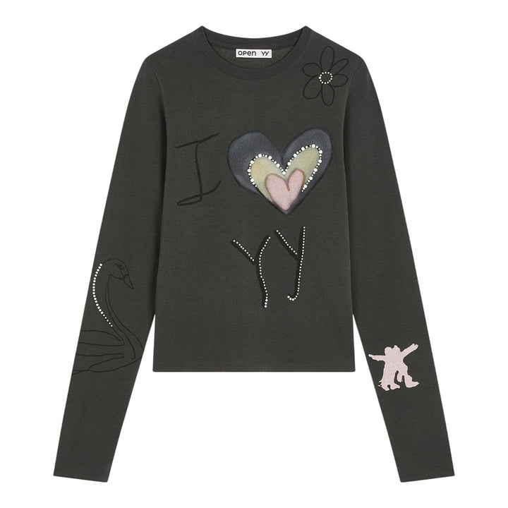 Club21 - OPEN YY - Beaded I Love YY Tee - TEES - Grey