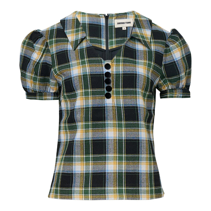 Club21 - SHUSHU/TONG - Notched Lapel Puff Sleeve Top - WOVEN TOPS - Checks
