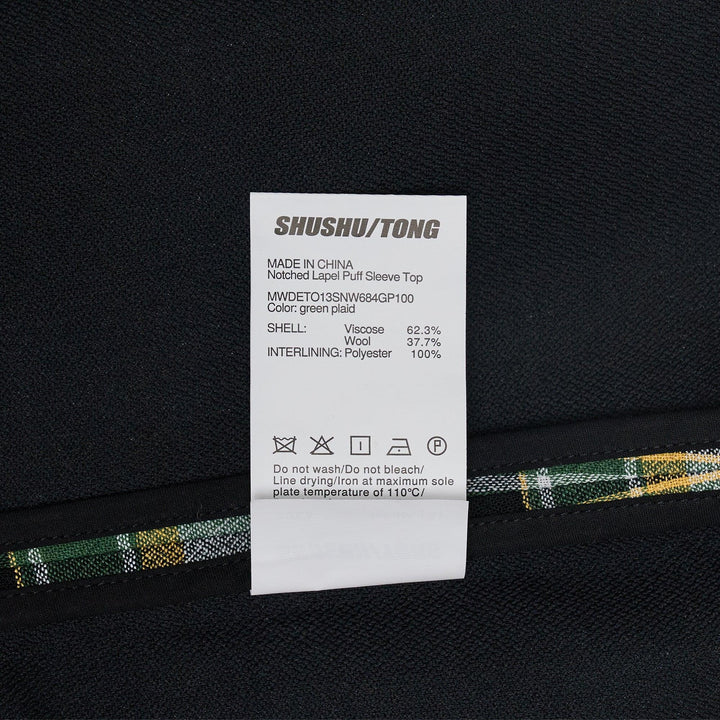 Club21 - SHUSHU/TONG - Notched Lapel Puff Sleeve Top - WOVEN TOPS - Checks