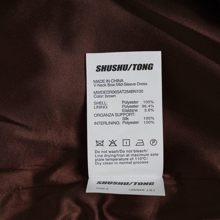 Club21 - SHUSHU/TONG - V-Neck Bow Mid-Sleeve Dress - WOVEN DRESSES - Brown