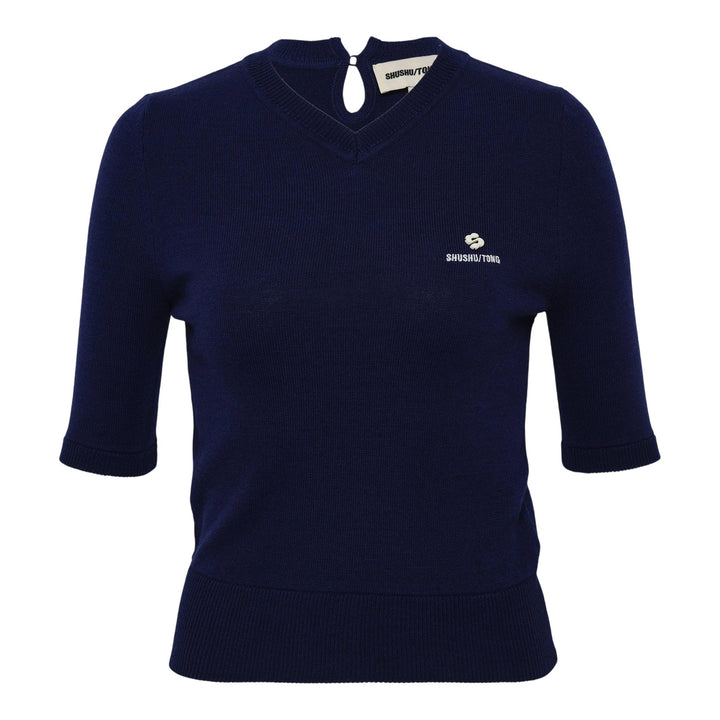 Club21 - SHUSHU/TONG - V-Neck Short Sleeve Knit Top - KNIT TOPS - Navy