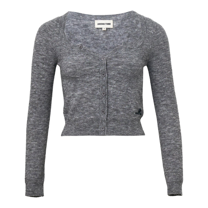 Club21 - SHUSHU/TONG - Wide Round Neck Fitted Cardigan - CARDIGANS - Grey