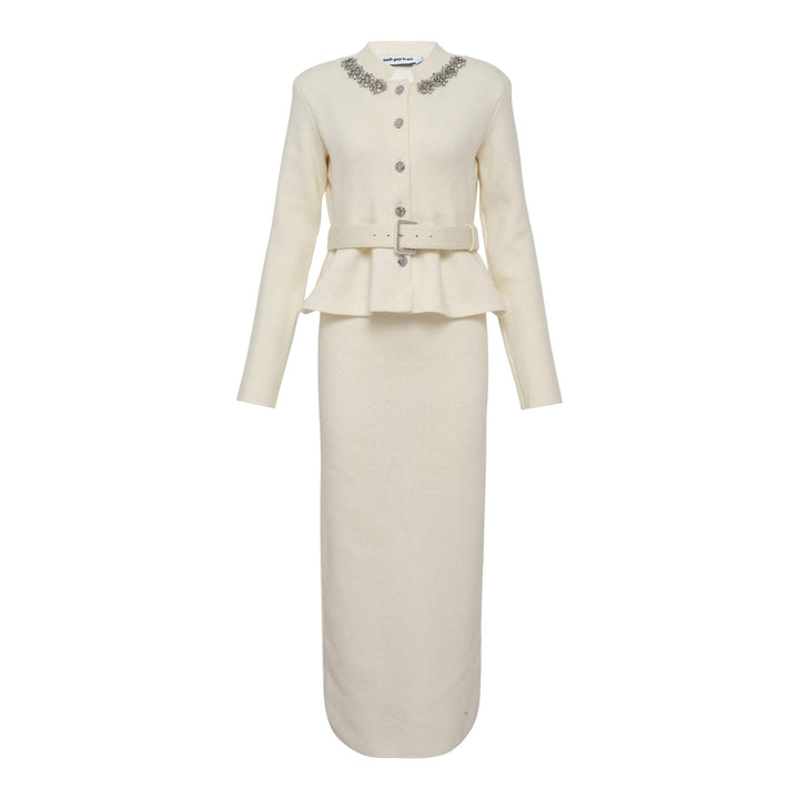 Club21 - Self-Portrait - Cream Wool Peplum Knit Midi Dress - KNIT DRESSES - Off-White