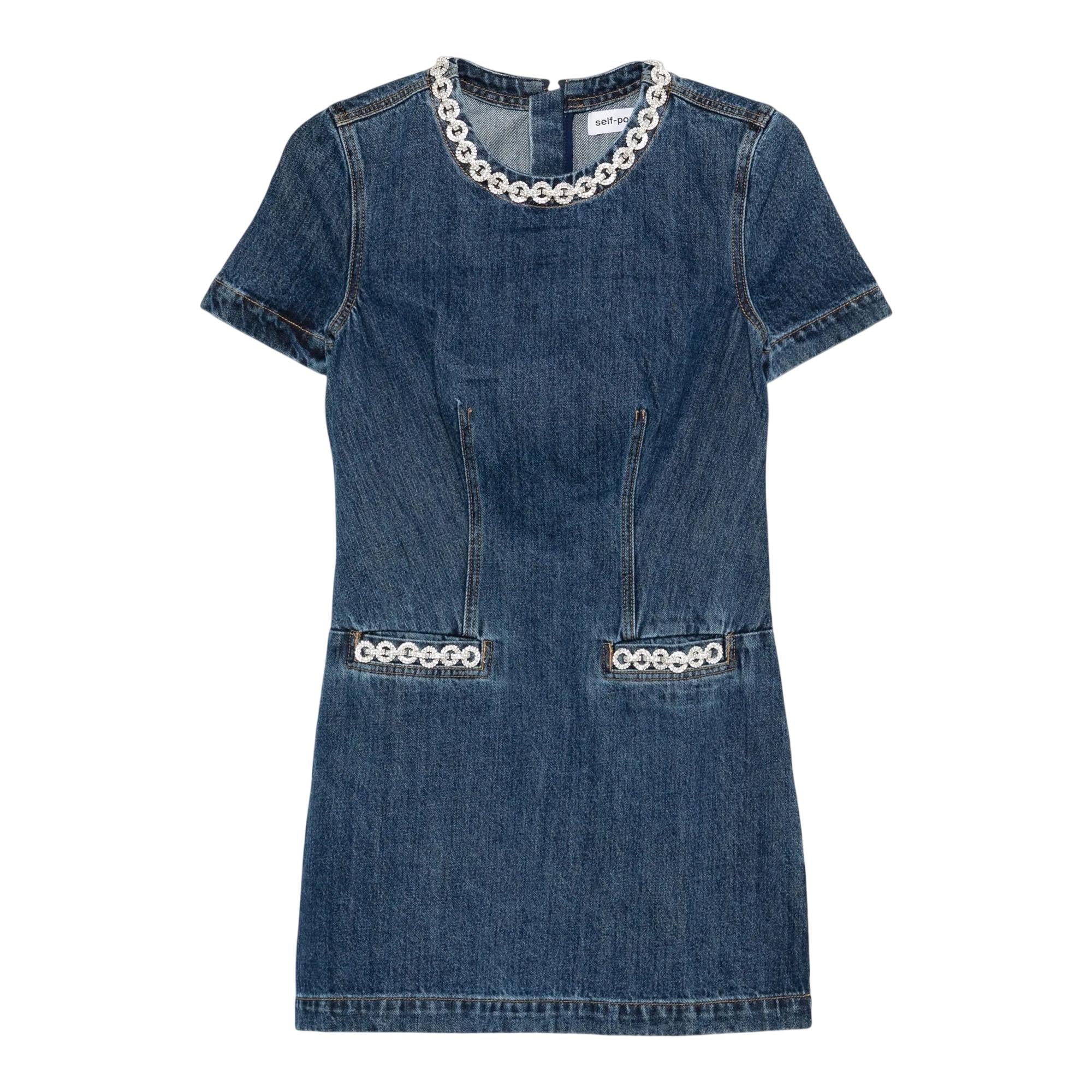 self portrait denim dress Self-portrait Crystal-embellished Denim Mini Dress
