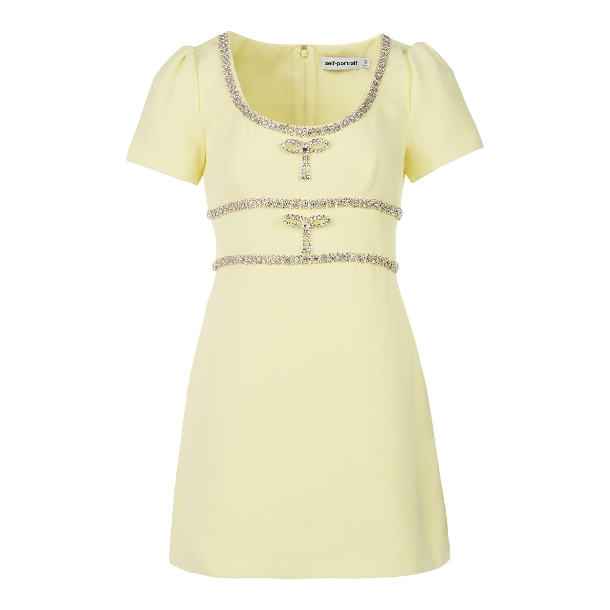 Yellow Crepe Crystal Trim Mini Dress | Self-Portrait | Club 21  Club21.com