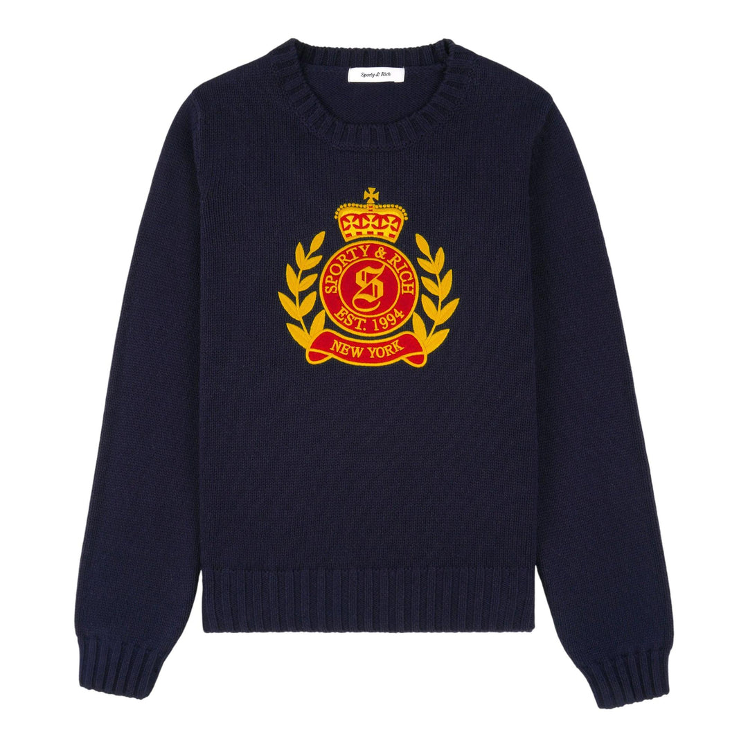 Club21 - Sporty & Rich - NY Crest Knitted Crewneck Top - KNIT TOPS - Navy