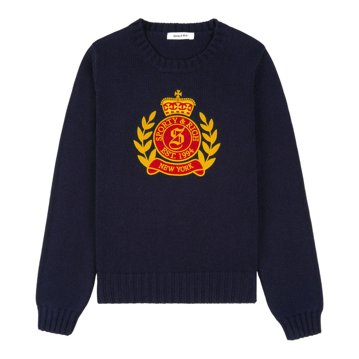 Club21 - Sporty & Rich - NY Crest Knitted Crewneck Top - KNIT TOPS - Navy