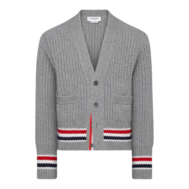 Club21 - Thom Browne - Rwb Stripe Cashmere V Neck Cardigan Men - CARDIGANS - Light Grey