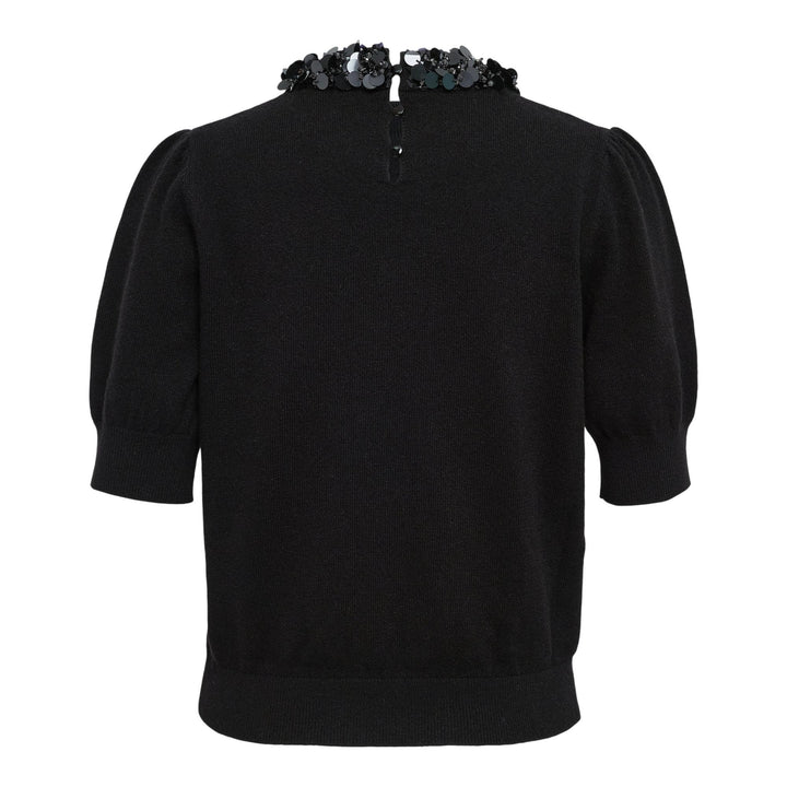 Club21 - Ulla Johnson - Liv Embroidered Cashmere Short Sleeve Knit Top - KNIT TOPS - Black