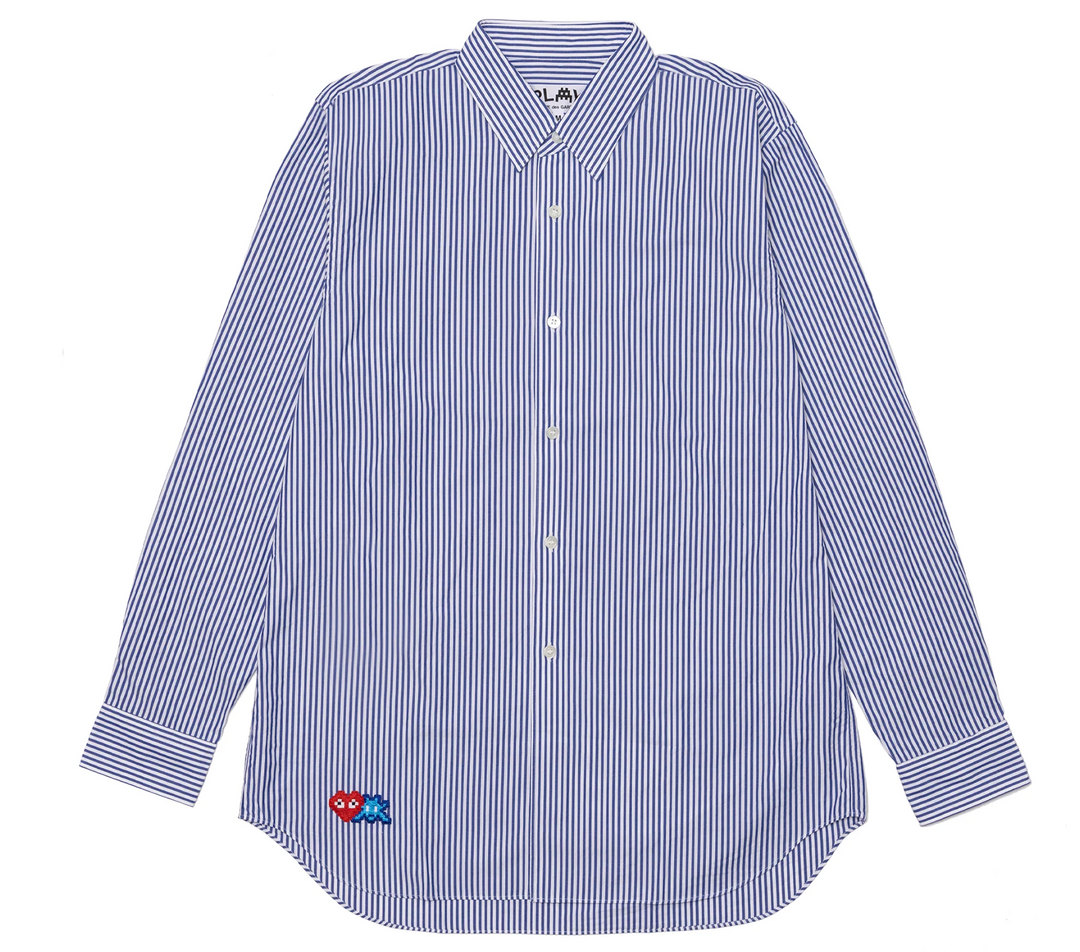 COMME-des-GARCONS-PLAY-x-INVADER-Striped-Long-Sleeve-Emblem-Cotton-Broad-Shirt-Men-Blue-White-Stripes-1