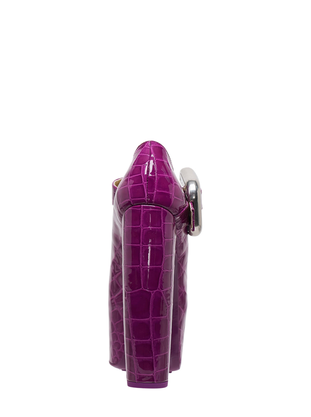 Bottega Veneta magenta gloss croc-embossed Mary-Jane platform pump with sculpted wedge heel and oversized silver buckle strap, side view - view 3