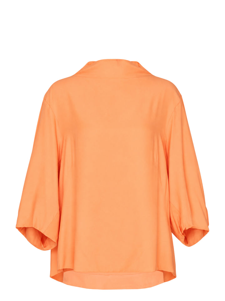 Dries Van Noten Clari orange blouse with funnel neckline and balloon three-quarter sleeves, shown front view