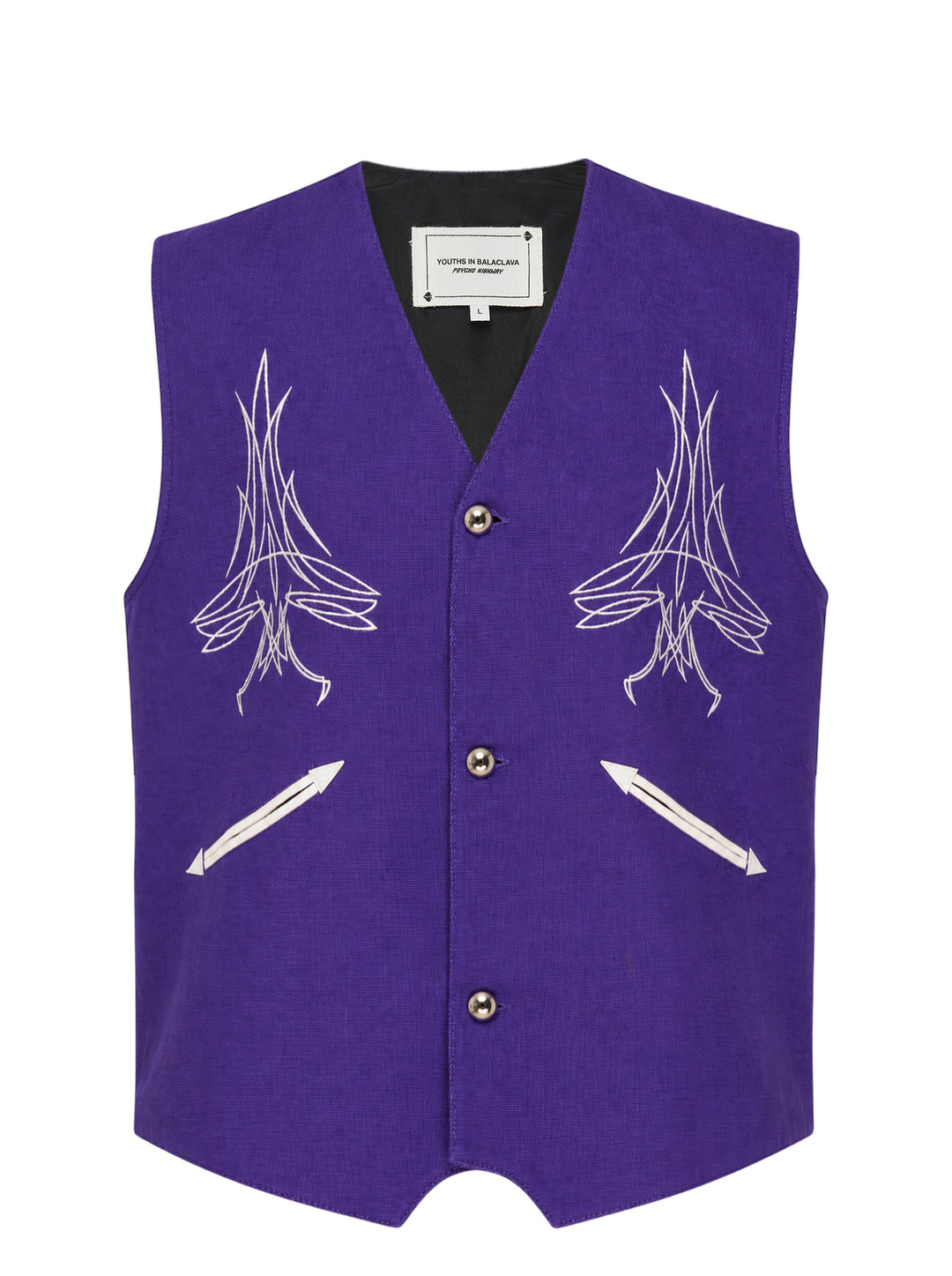 Youths in Balaclava purple canvas vest with cream pinstripe embroidery on the chest, arrow-shaped pockets and three metal buttons