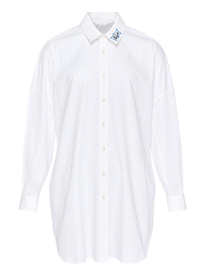 Random Identities oversized white long sleeve shirt dress with drop shoulders, button front and embroidered collar detail