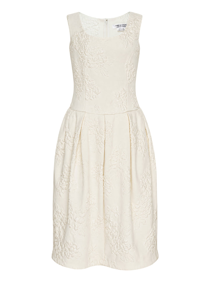Cream sleeveless Comme des Garçons Comme des Garçons dress in raised floral jacquard with a fitted bodice and pleated skirt