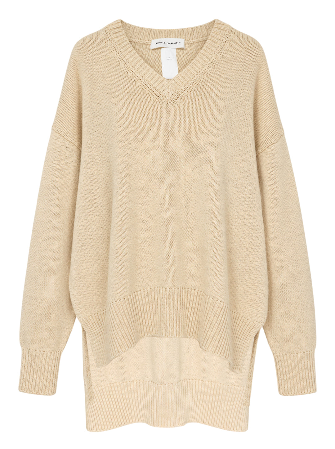 Niccolò Pasqualetti Lentezza oversized V-neck knit sweater in sand beige with ribbed trim, dropped shoulders and a high-low hem
