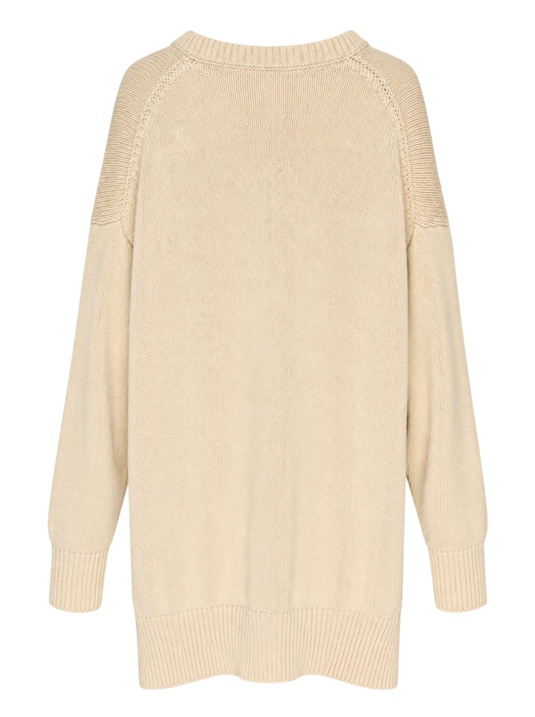 Niccolò Pasqualetti Lentezza oversized V-neck knit sweater in sand beige with ribbed trim, dropped shoulders and a high-low hem - view 2