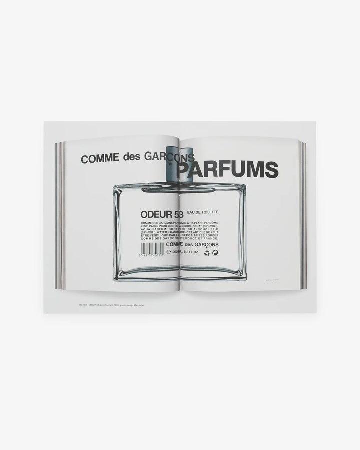 Cover of the Comme des Garçons Parfums 1994–2025 book by Dino Simonett, showing a close-up of an amber Eau de Parfum bottle on a pale grey background - view 4