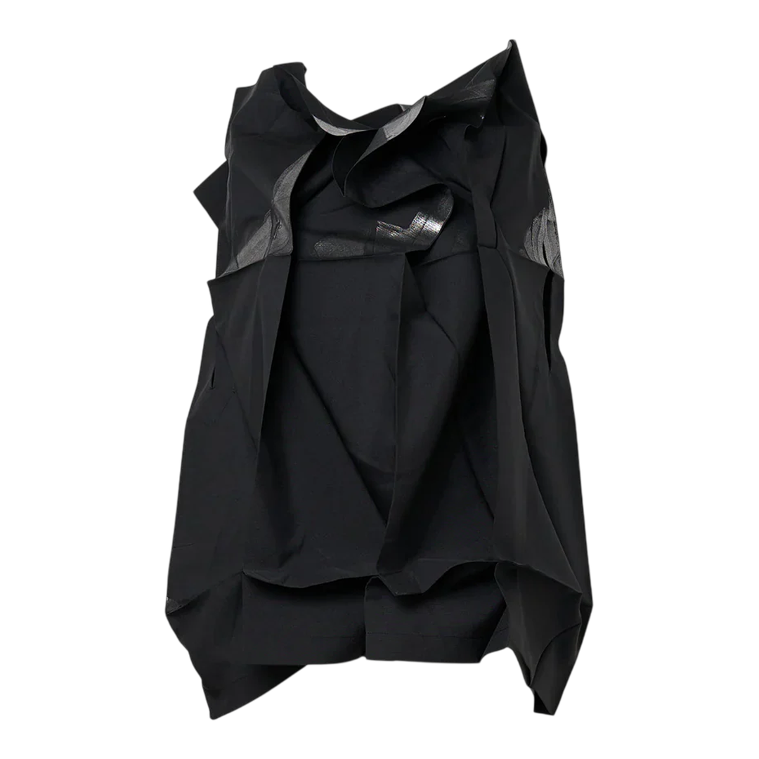 132 5. Issey Miyake Standard Woven Top in black with sculptural draped folds and asymmetric hem, displayed flat on white background