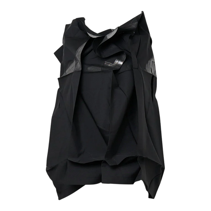 132 5. Issey Miyake Standard Woven Top in black with sculptural draped folds and asymmetric hem, displayed flat on white background