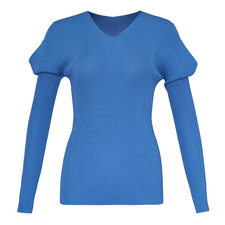 132 5. Issey Miyake Flat Rib Knit Blouse in black with V-neck and sculptural puff shoulders, long sleeves, slim fit