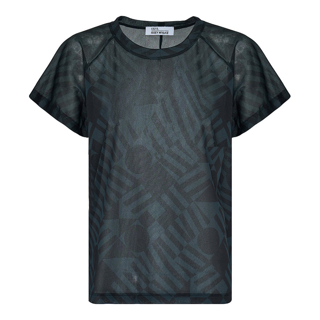 132 5. Issey Miyake Shape-Filled T Blouse in sheer dark mesh with abstract geometric tonal print and raglan sleeves, front view on white background
