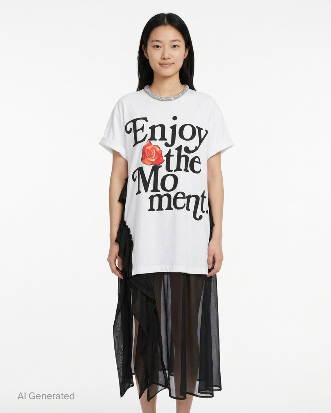 White oversized cotton tee dress with 'Enjoy the Moment' black lettering and a red rose graphic, crystal-embellished neckline and sheer black chiffon ruffle layers - front