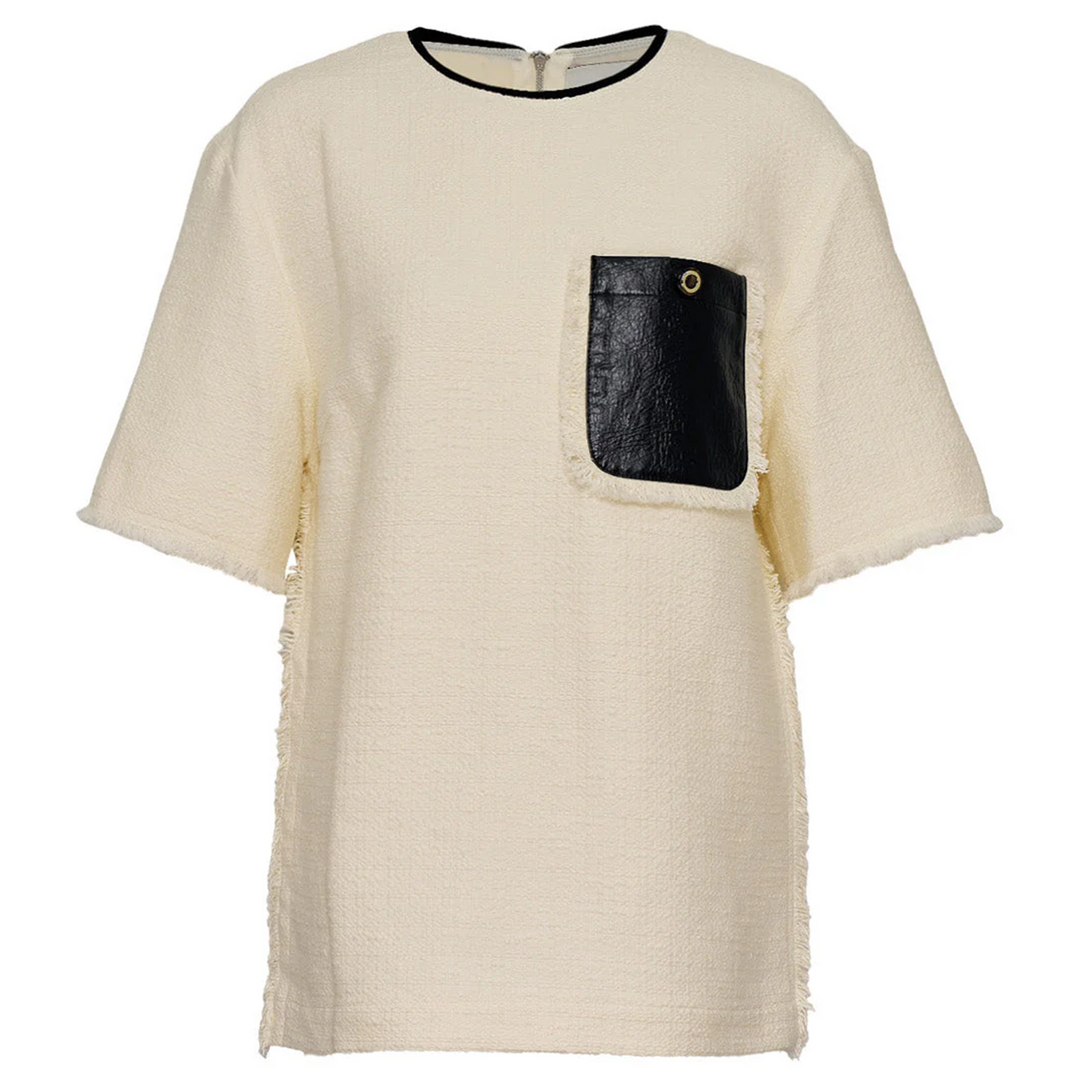 Tweed Boxy Tee With Faux Leather