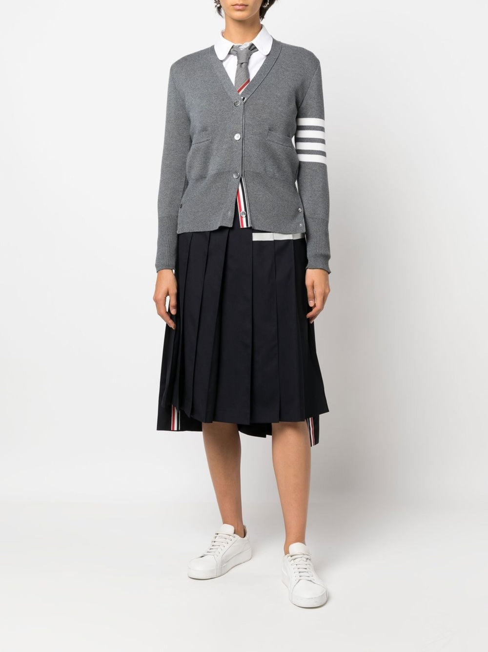Thom Browne Navy Wool Plain Weave Pleated 4-Bar Skirt with white stripe detail at hip and tricolour tab at hem