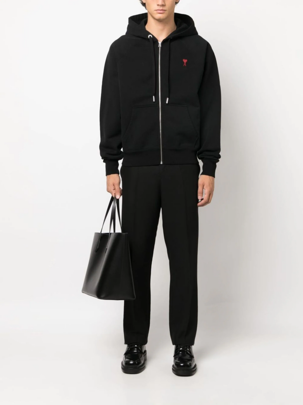 AMI Paris De Coeur Zipped Hoodie in black with red heart logo embroidery and silver zip