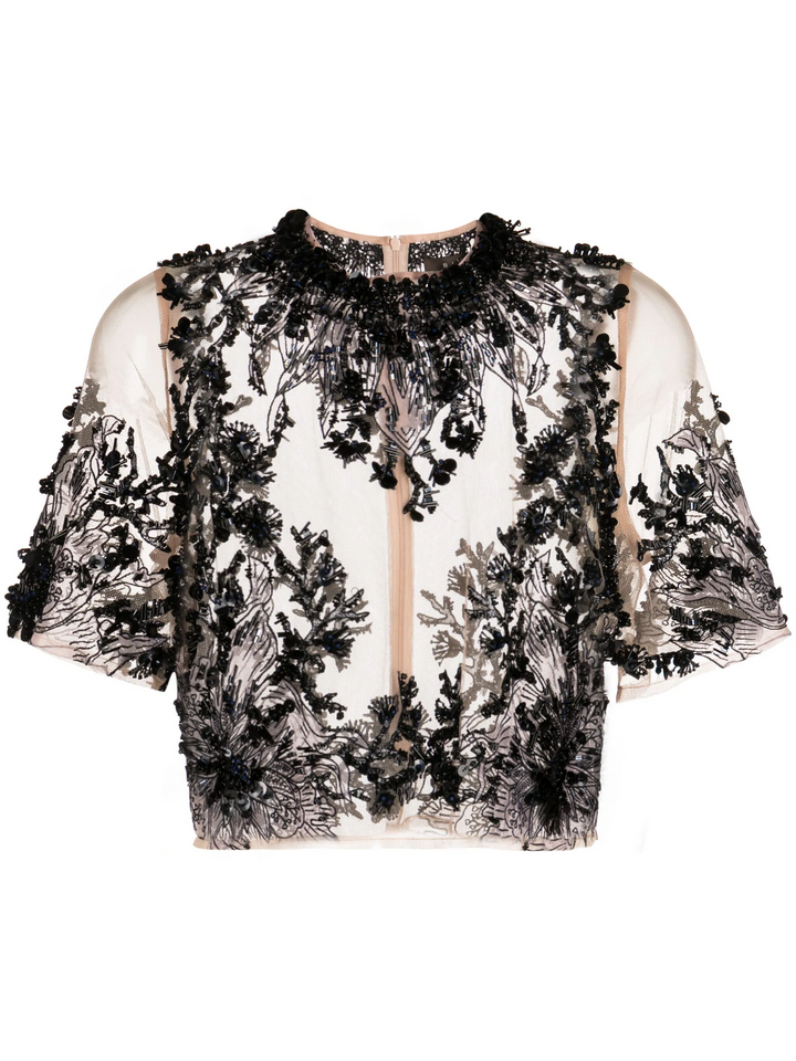 Sione Embr Beaded Tulle Cropped Top